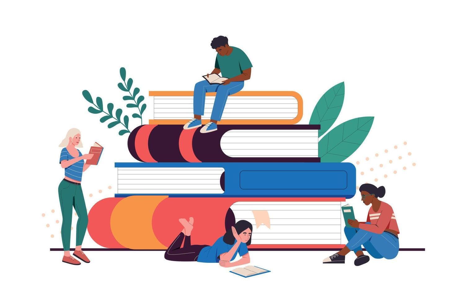 Students reading around a stack of books